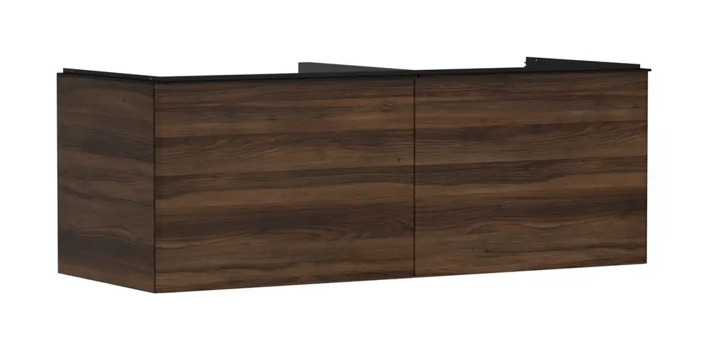 Waschtischunterschrank in Dunkelnußbaum-Finish mit zwei Schubkästen. Designed von Hansgrohe für Konsolen Aufsatzwaschtisch.